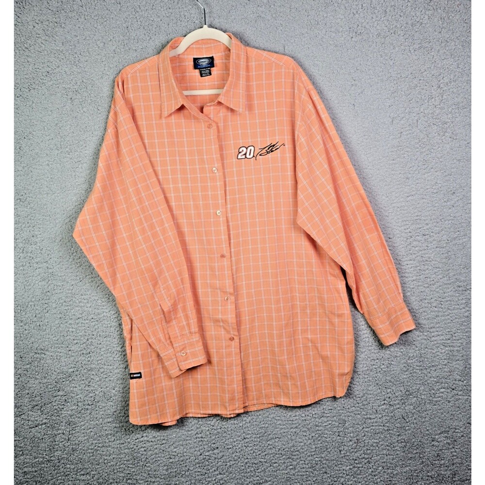 Tony Stewart NASCAR Button Front Plaid Shirt Orange L XL Embroidered Sporty